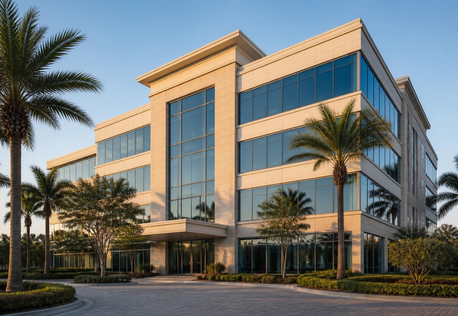 Contemporary low-rise commercial office building with a stone and glass facade