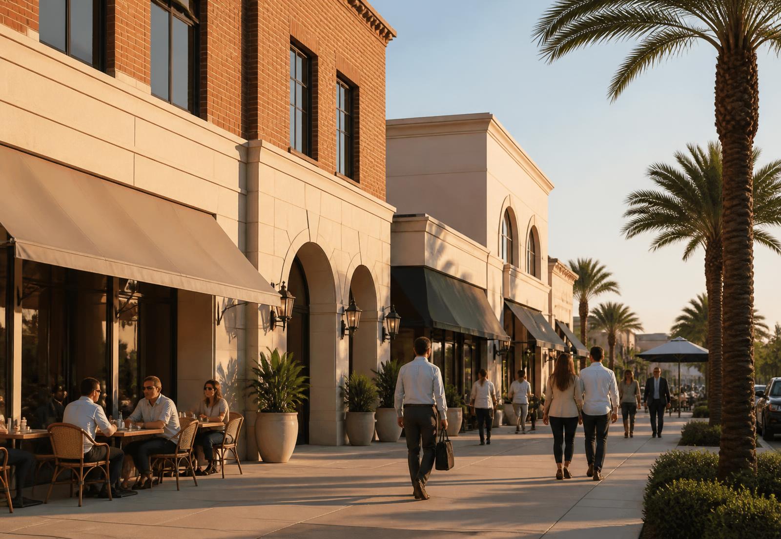 Low-rise commercial streetscape with brick and stucco storefront buildings
